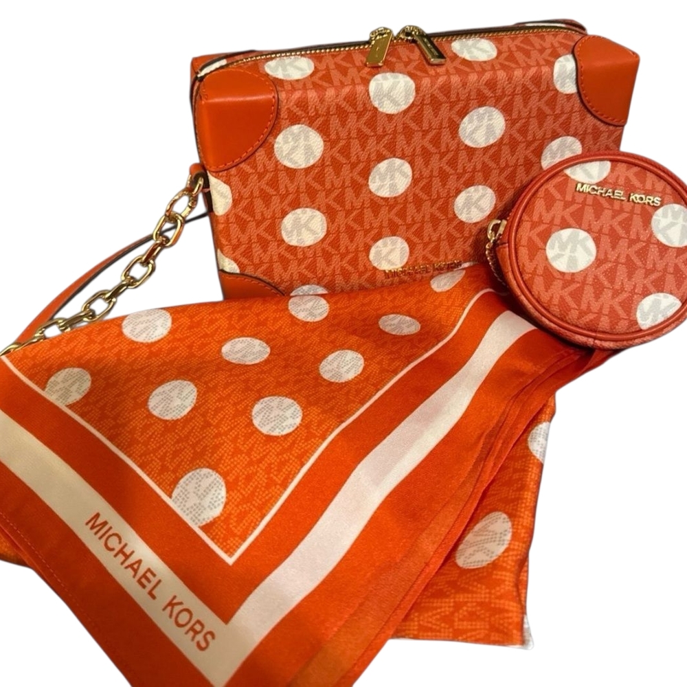 Michael Kors Orange and White Polka Dot Crossbody Bag Set